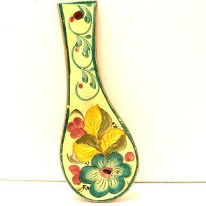 Portugal Hand Painted Floral Design Red Clay Spoon Rest Signed Vintage 8.5X3.25